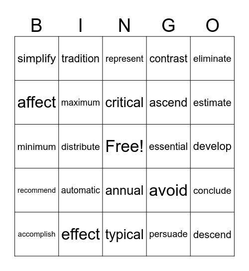 Week 2 Vocabulary Bingo Card