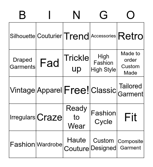 Fashion Terminology  Bingo Card