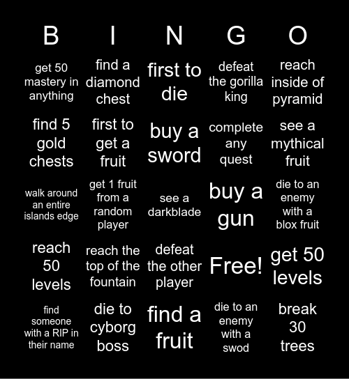 Blox fruits challenge Bingo Card