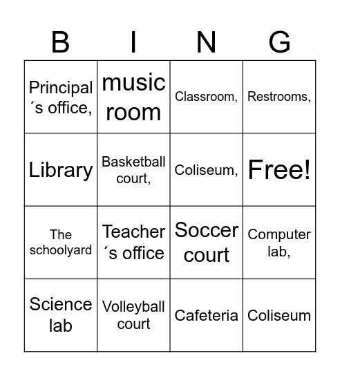 School parts Bingo Card