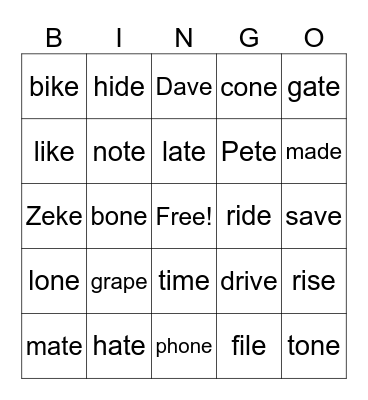 Magic E BINGO Card