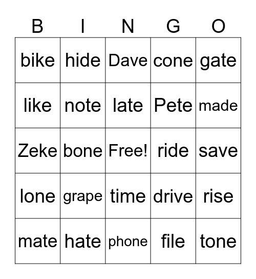 Magic E BINGO Card