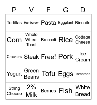 Nutrition Bingo Card