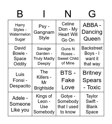 Song Quiz Bingo Card