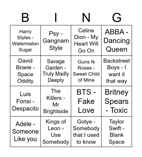 Song Quiz Bingo Card