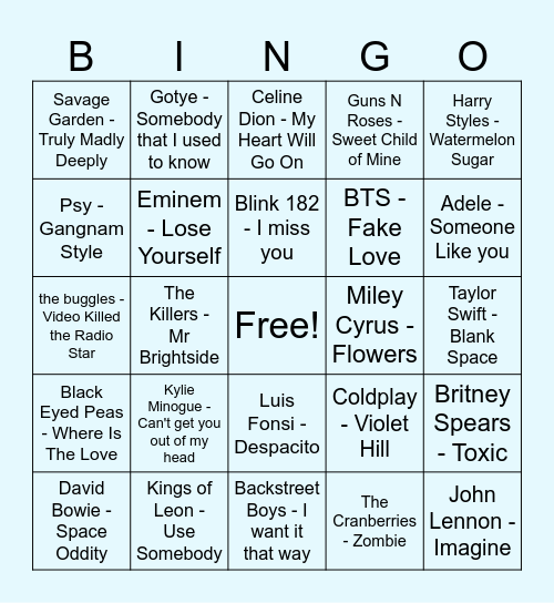 Song Quiz Bingo Card