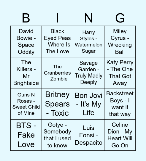 Song Quiz Bingo Card