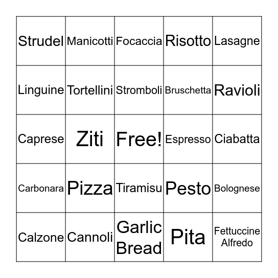 Cultural Cravings-Italian Bingo Card