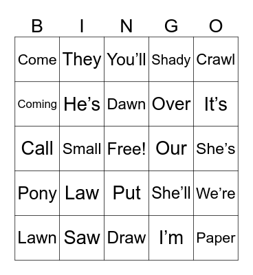 Vocabulary Bingo Card