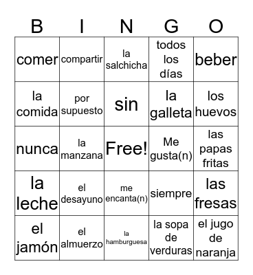 La comida y las bebidas Bingo Card