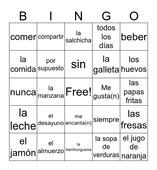 La comida y las bebidas Bingo Card