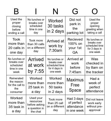 Maximus Goal Bingo Card