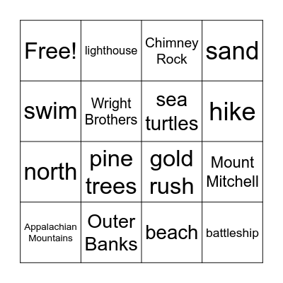 North Carolina Road-Trip!!! Bingo Card