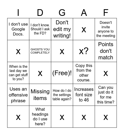 IDGAF Bingo Card