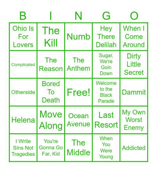 Teenage Angst Bingo Card