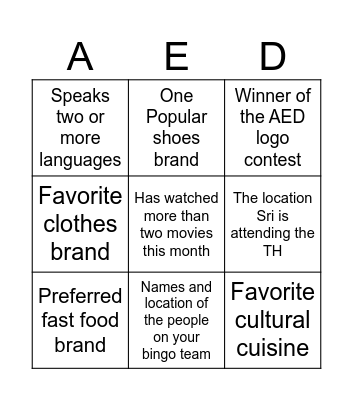 AED - Jul 6, 2023 Bingo Challenge Bingo Card