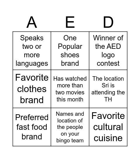 AED - Jul 6, 2023 Bingo Challenge Bingo Card