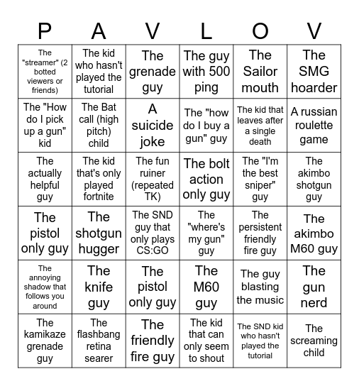 Pavlov Shack Bingo Card