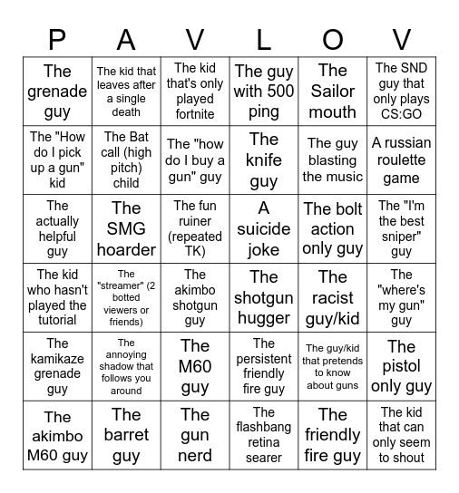 Pavlov Shack Bingo Card