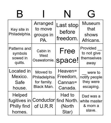 Underground Railroad Bingo Card
