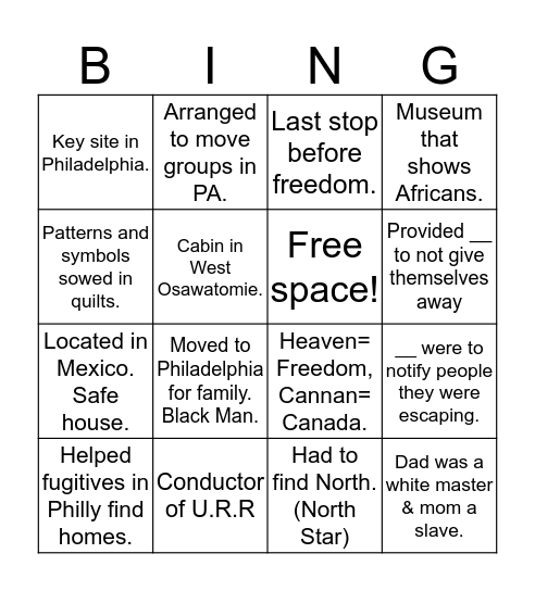 Underground Railroad Bingo Card