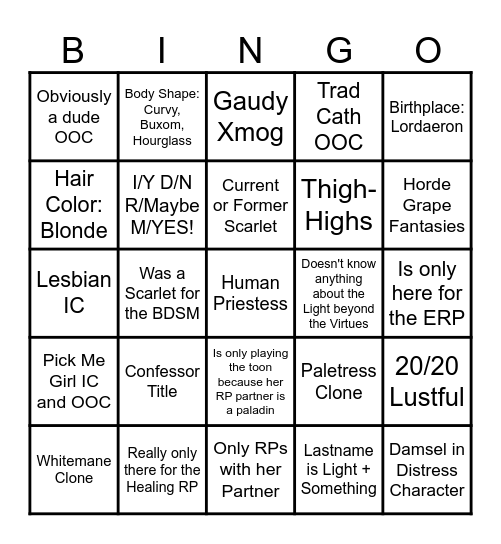 Human Priestess Bingo Card