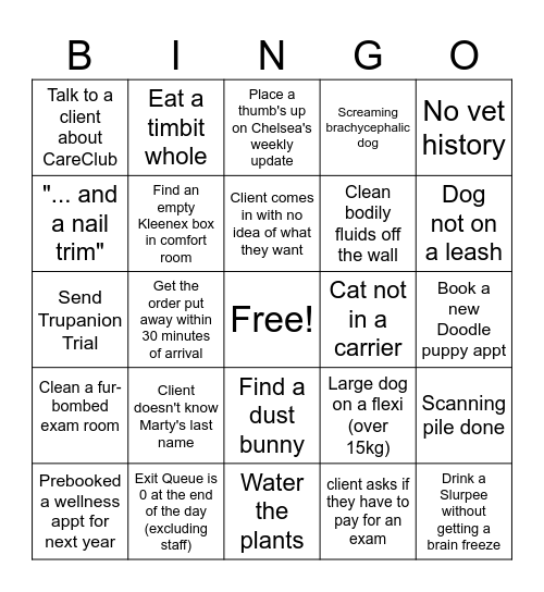 Vet Clinic Bingo Card