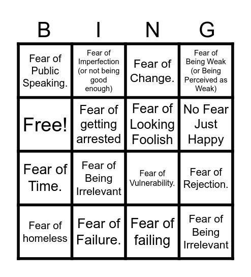 Fear of ???? Bingo Card