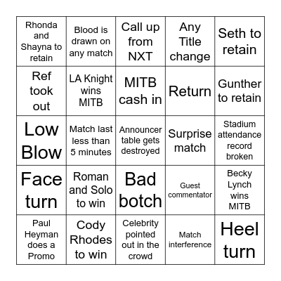 Money in the bank Bingo Card