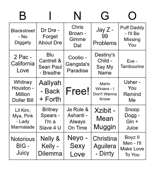 Hip Hop Bingo Card