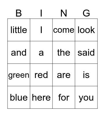 Sight Words Game 1 Bingo Card