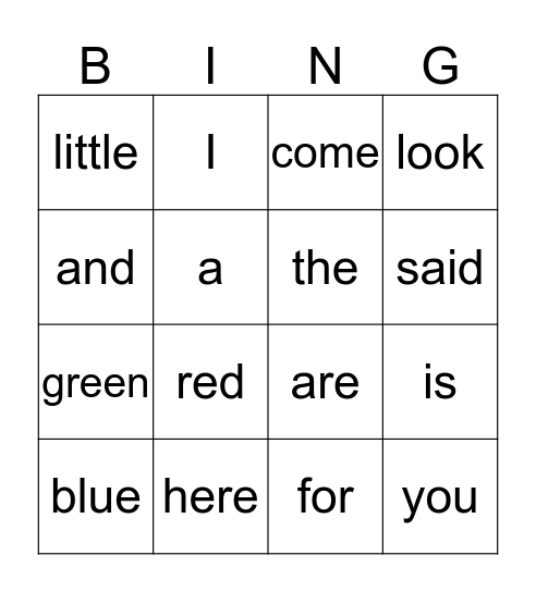 Sight Words Game 1 Bingo Card