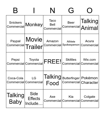 2016 Superbowl Commercials Bingo Card