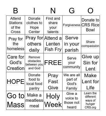 Lenten Bingo Card