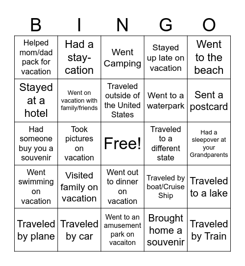 Vacation Bingo Card