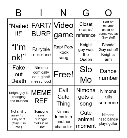 NIMONA Bingo Card