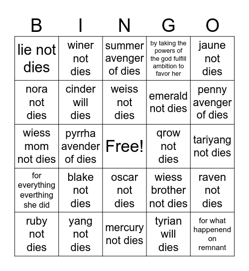 rwby volume 10 Bingo Card