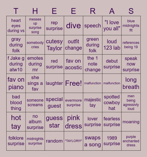 Eras Tour Livestream Bingo Card