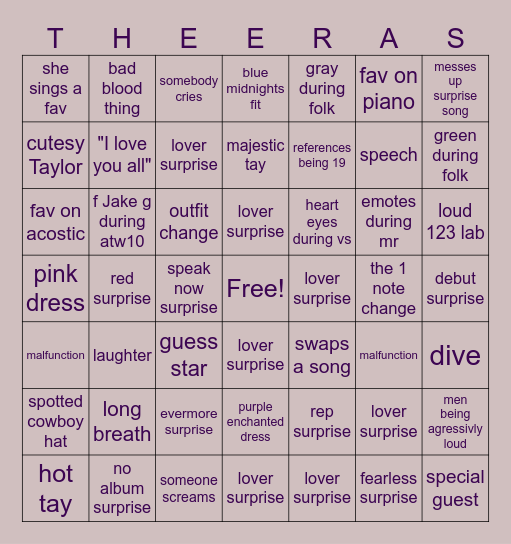 Eras Tour Livestream Bingo Card