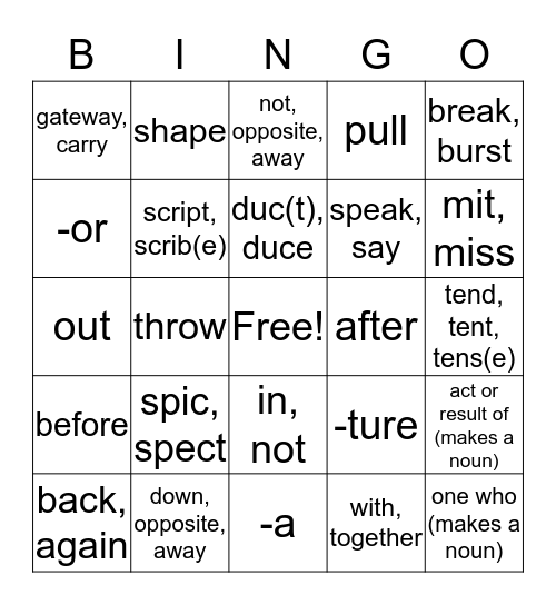 Latin Set 1 Bingo Card