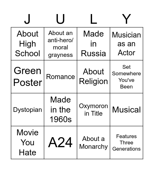 July Bingo Card