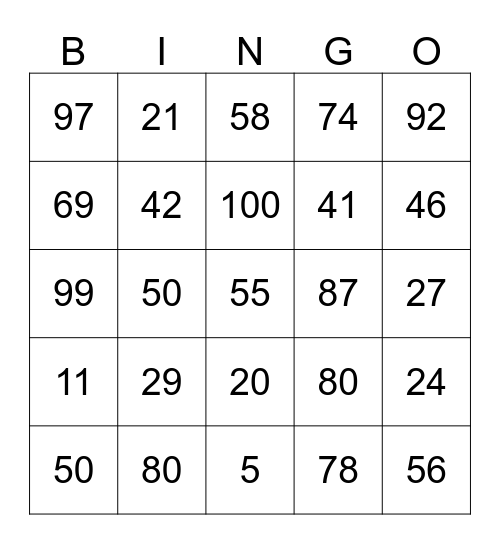 Number Bingo Card