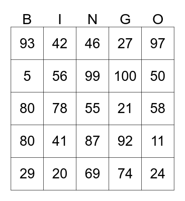 Number Bingo Card