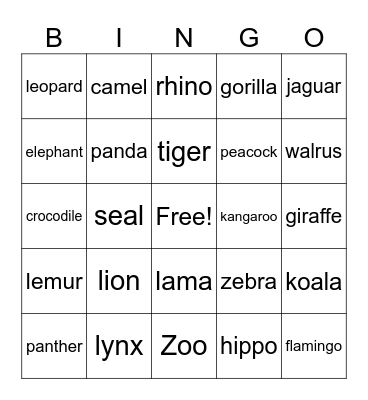 zoo animals Bingo Card