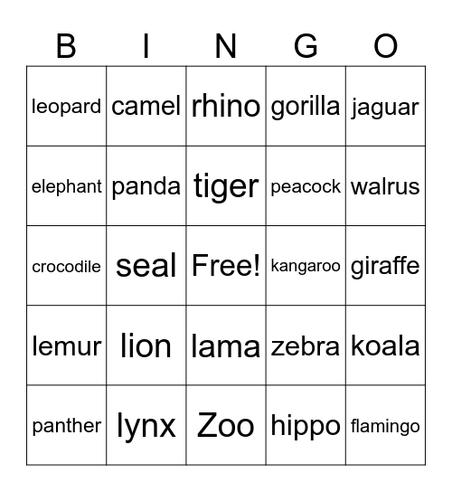 zoo animals Bingo Card