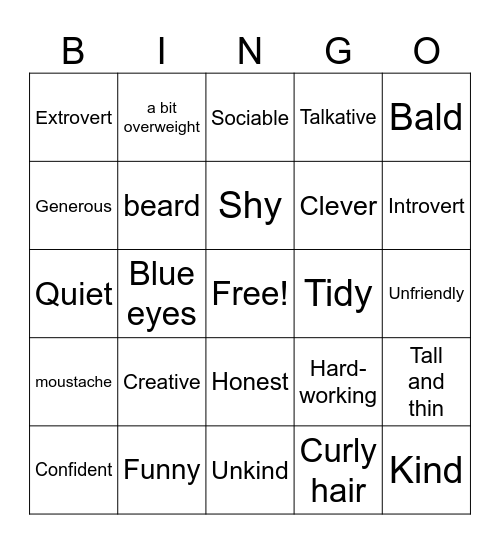 Appearance and Personality Bingo Card