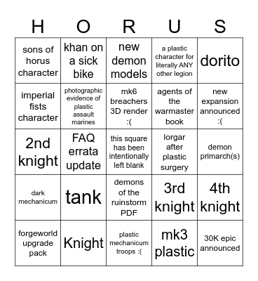 horus heresy july livestream Bingo Card