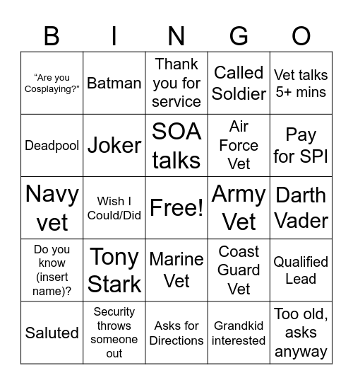 Comic Con Bingo Card