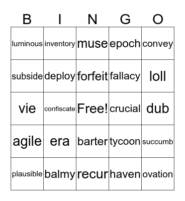 vocabulary words Bingo Card