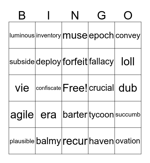 vocabulary words Bingo Card